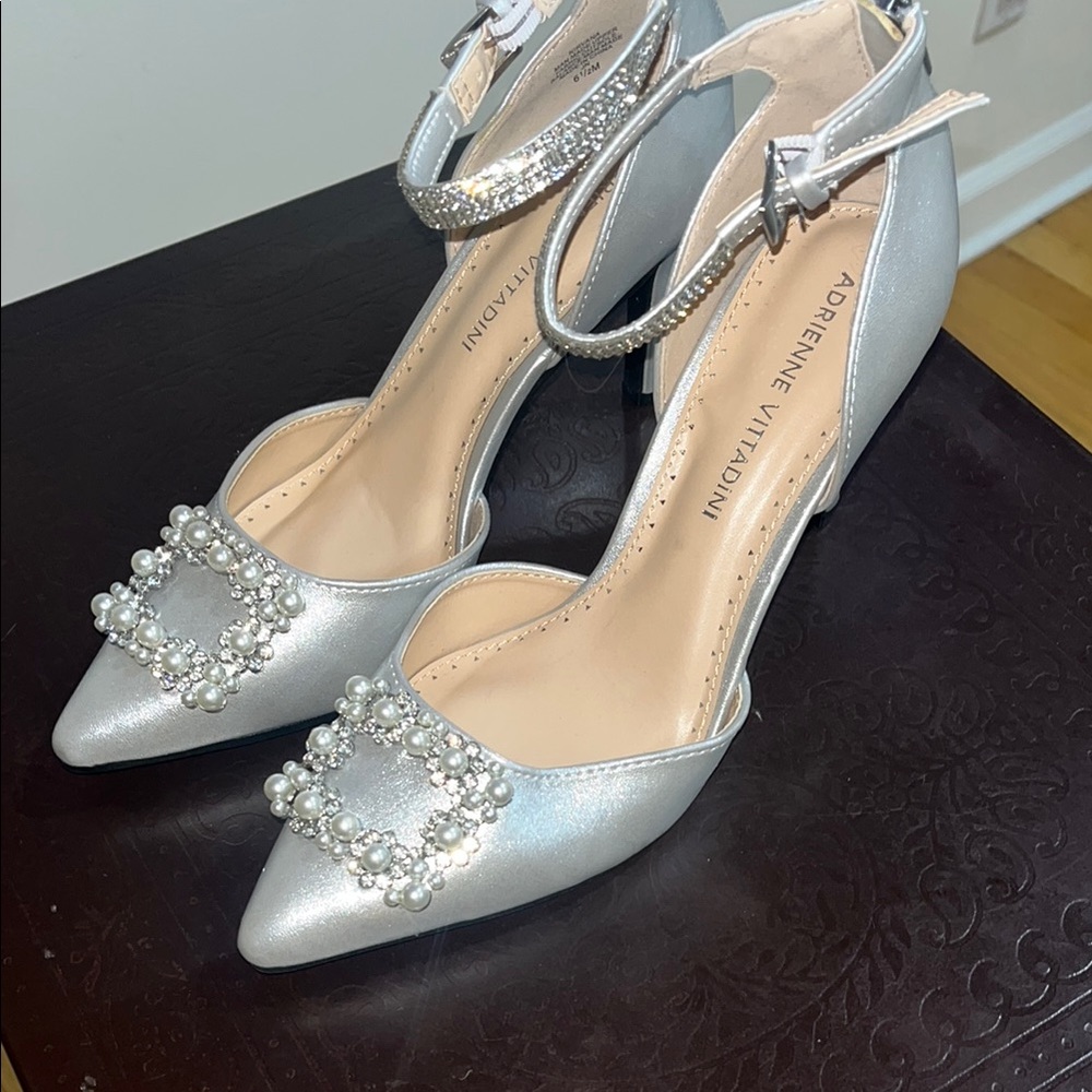 Adrienne Vittadini Silver Stiletto Heels with Crystal Embellishment